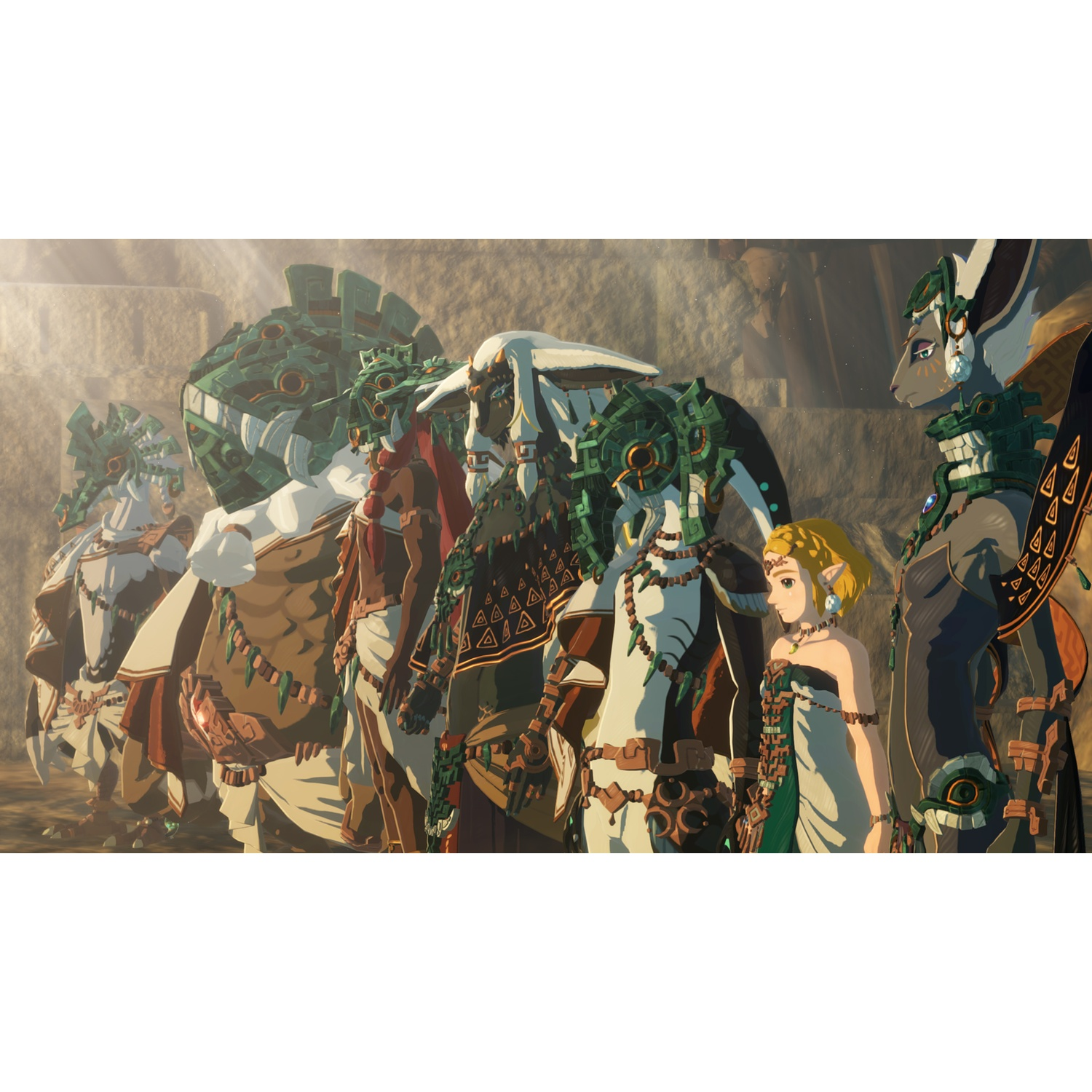 A group of anthropomorphic beings and a woman stand in a rocky environment.