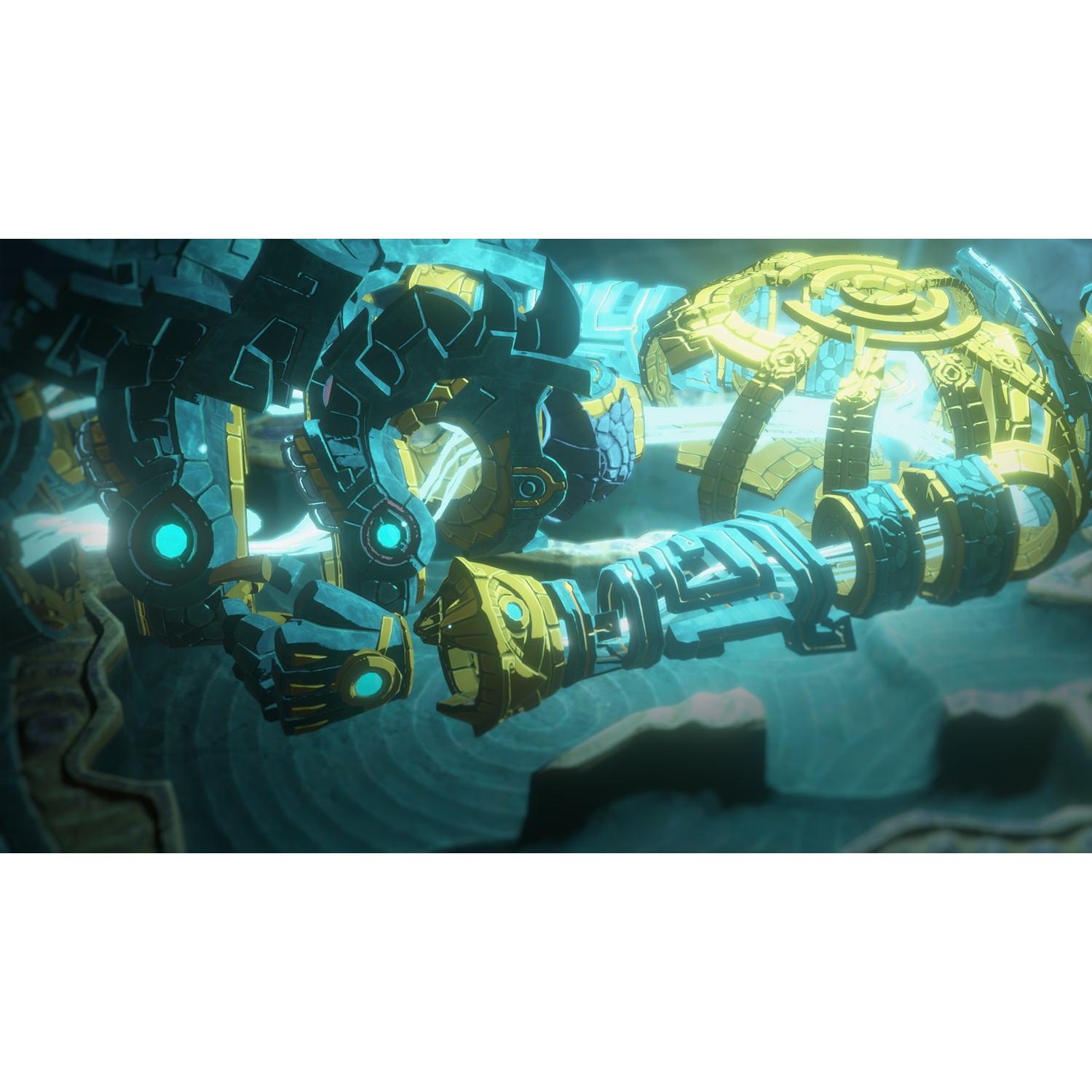 Complex mechanical object with blue and yellow elements in a misty environment.