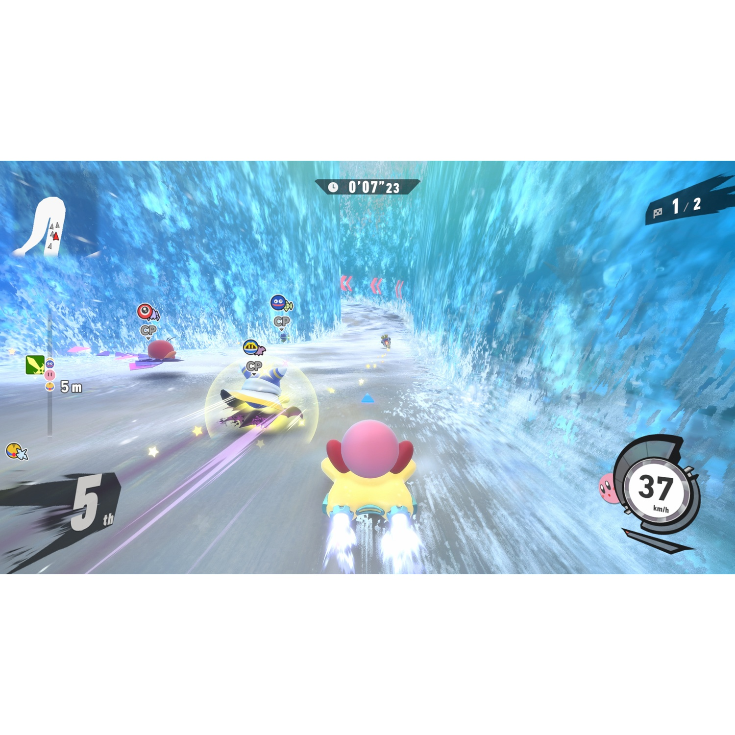 Kirby races on an icy track, speedometer shows 37 km/h.