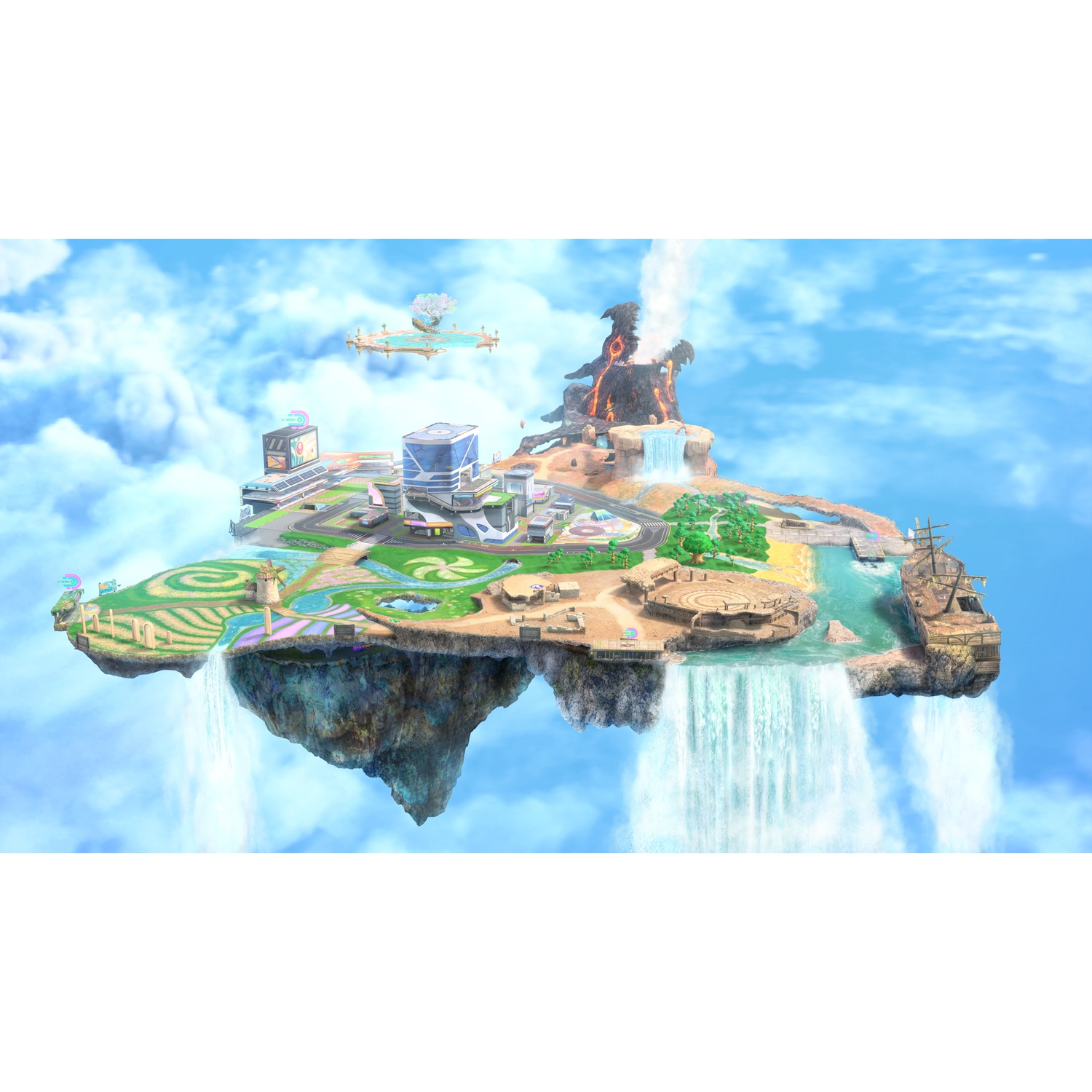 Floating islands with volcano, city, green areas, and waterfalls in blue sky.