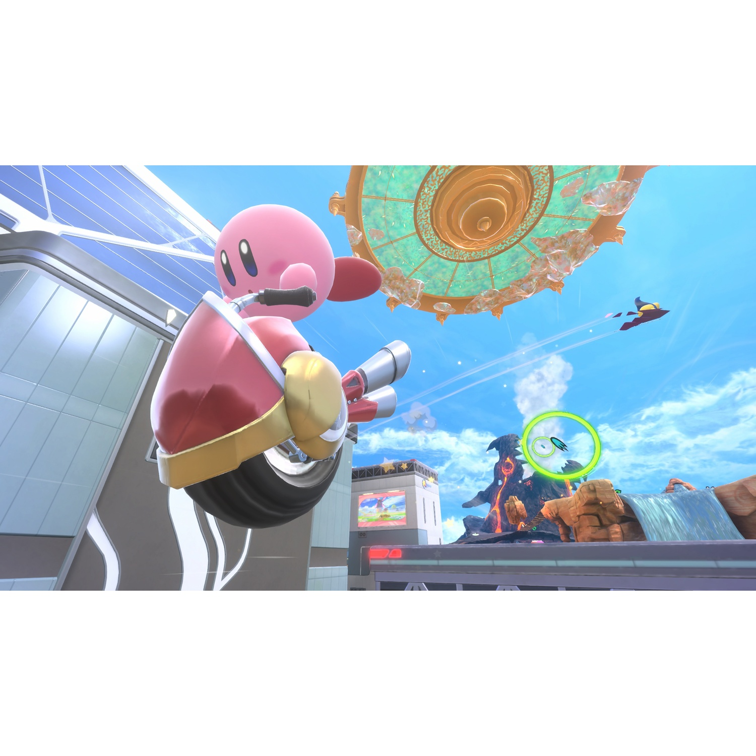Kirby rides a motorcycle through a futuristic city with flying objects.