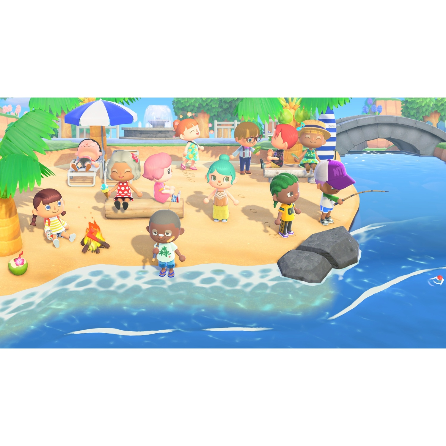 A group of cartoon characters enjoy a sunny day at the beach with a campfire and ocean.