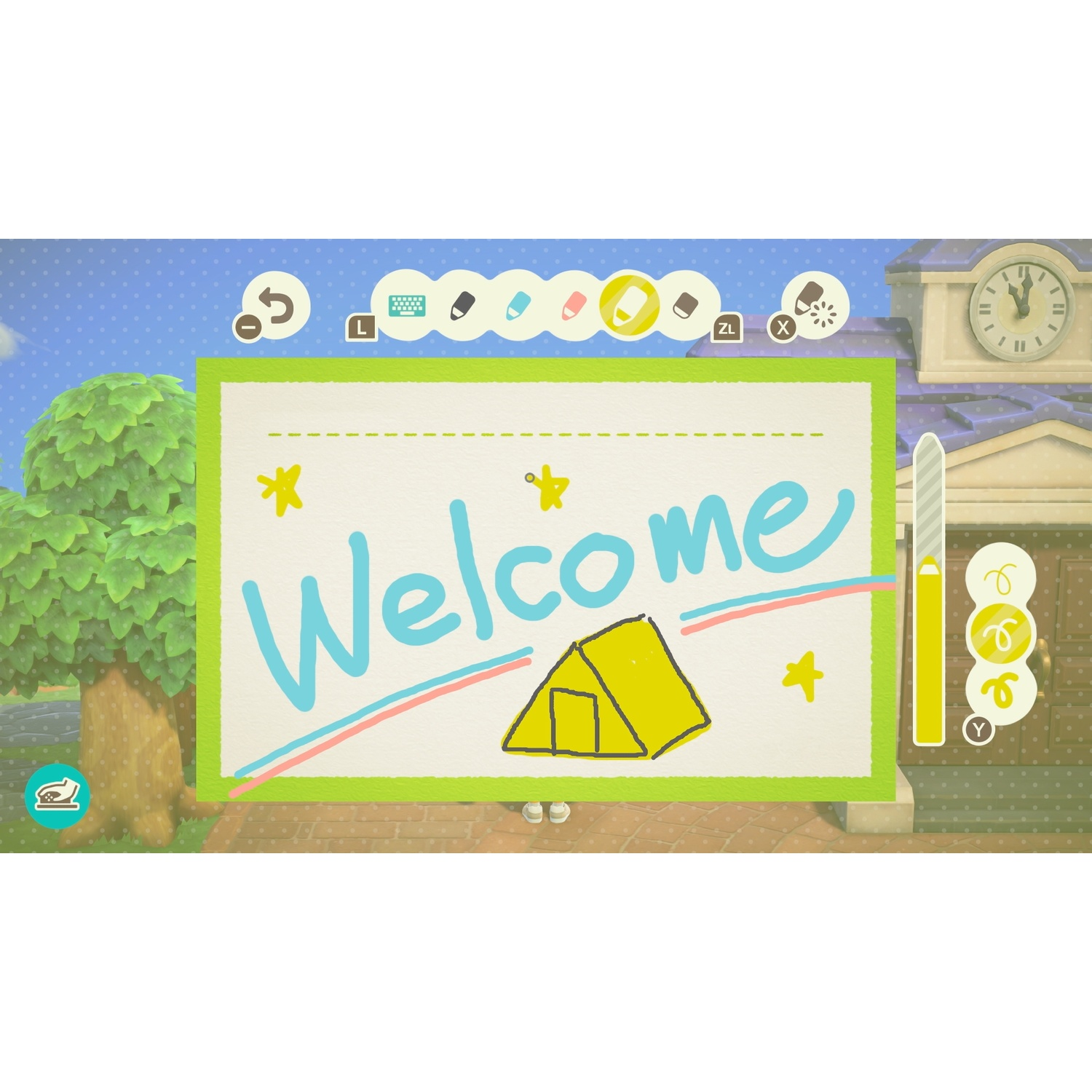 A welcome sign with a drawing of a tent and stars.