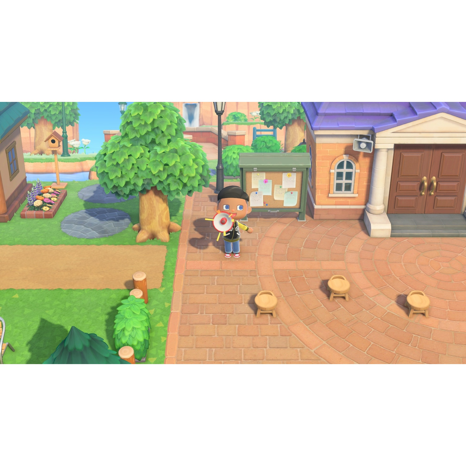 A cartoon character stands on a paved path in front of a building.