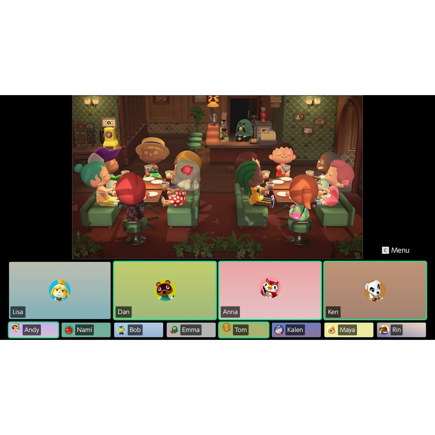 A group of cartoon characters sit around tables in a room. Below, player icons and names are displayed.