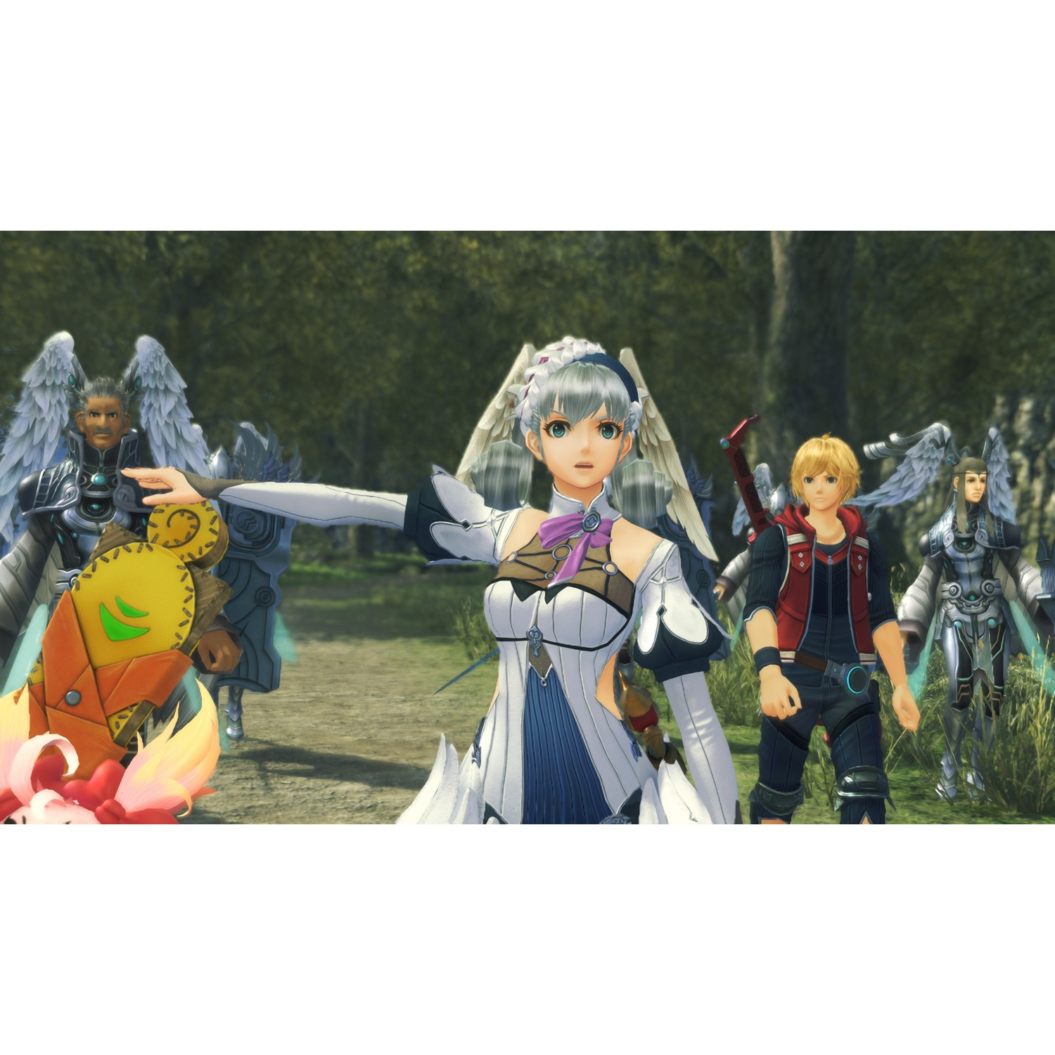 A group of characters with wings stand in a field.