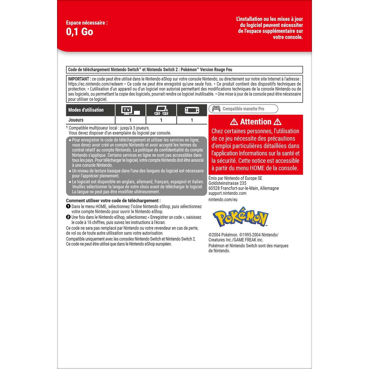 Nintendo Switch code for Pokemon Red, requires 0.1 GB storage. Instructions.