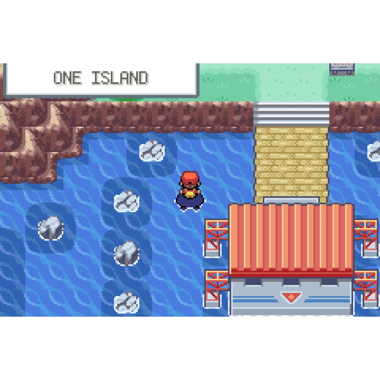 A character stands on water before a building and stairs on an island.