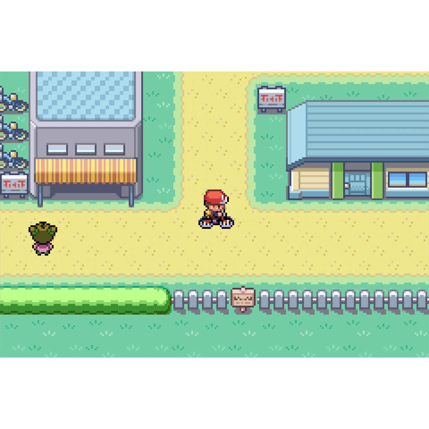 Pixel town with characters, buildings and a path.