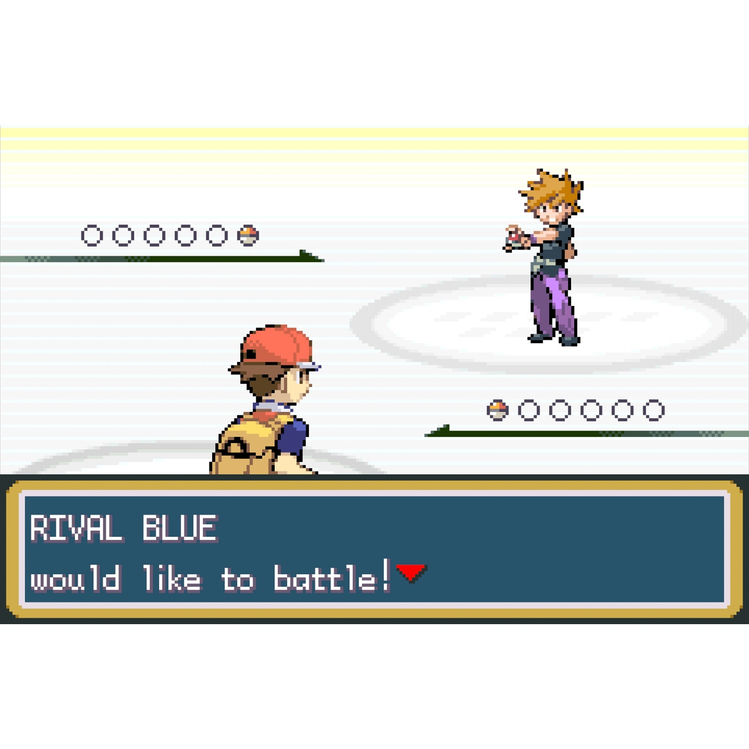 Two trainers face each other. A text box says "RIVAL BLUE would like to battle!".