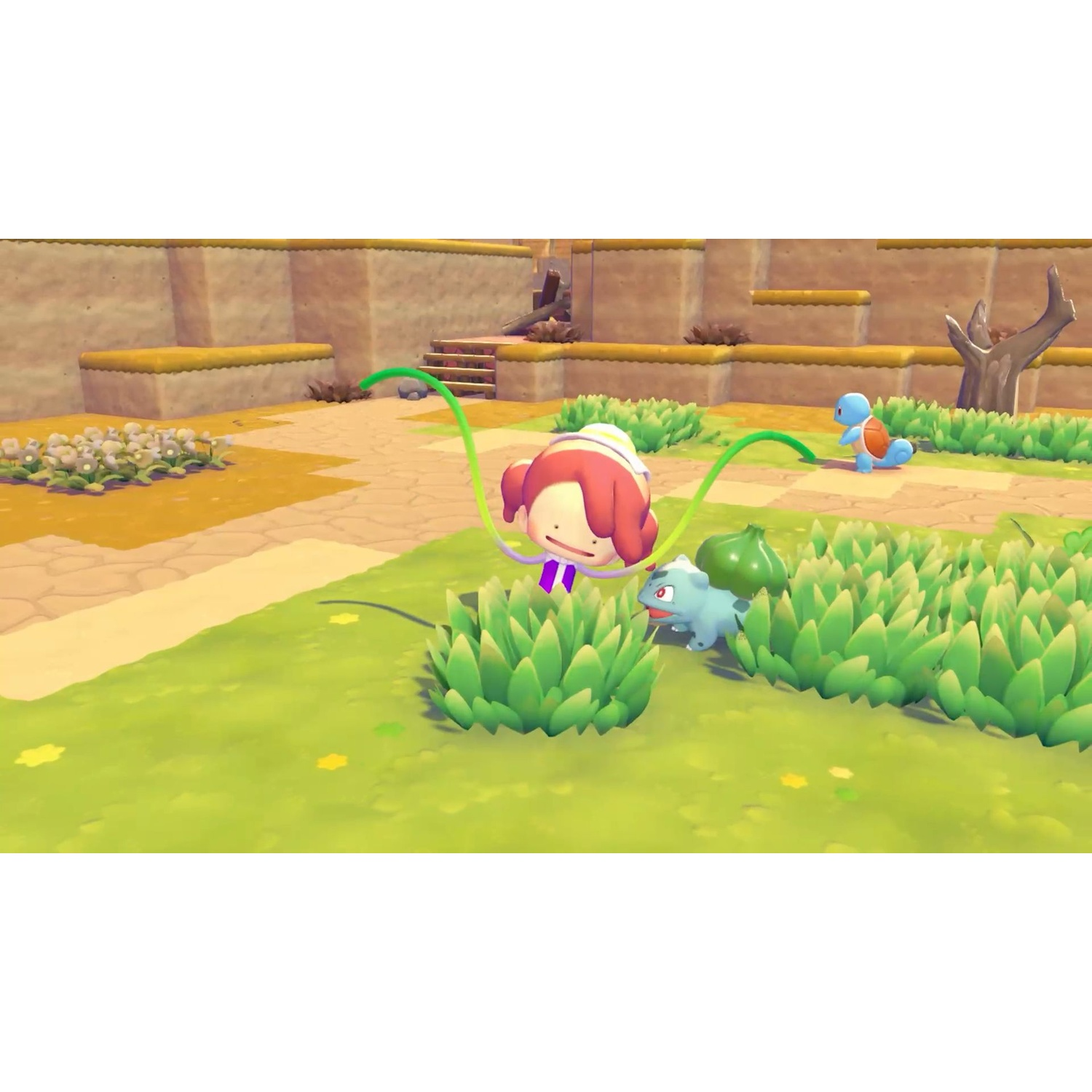 A character with red hair and a Bulbasaur in green grass. A Squirtle is in the background.