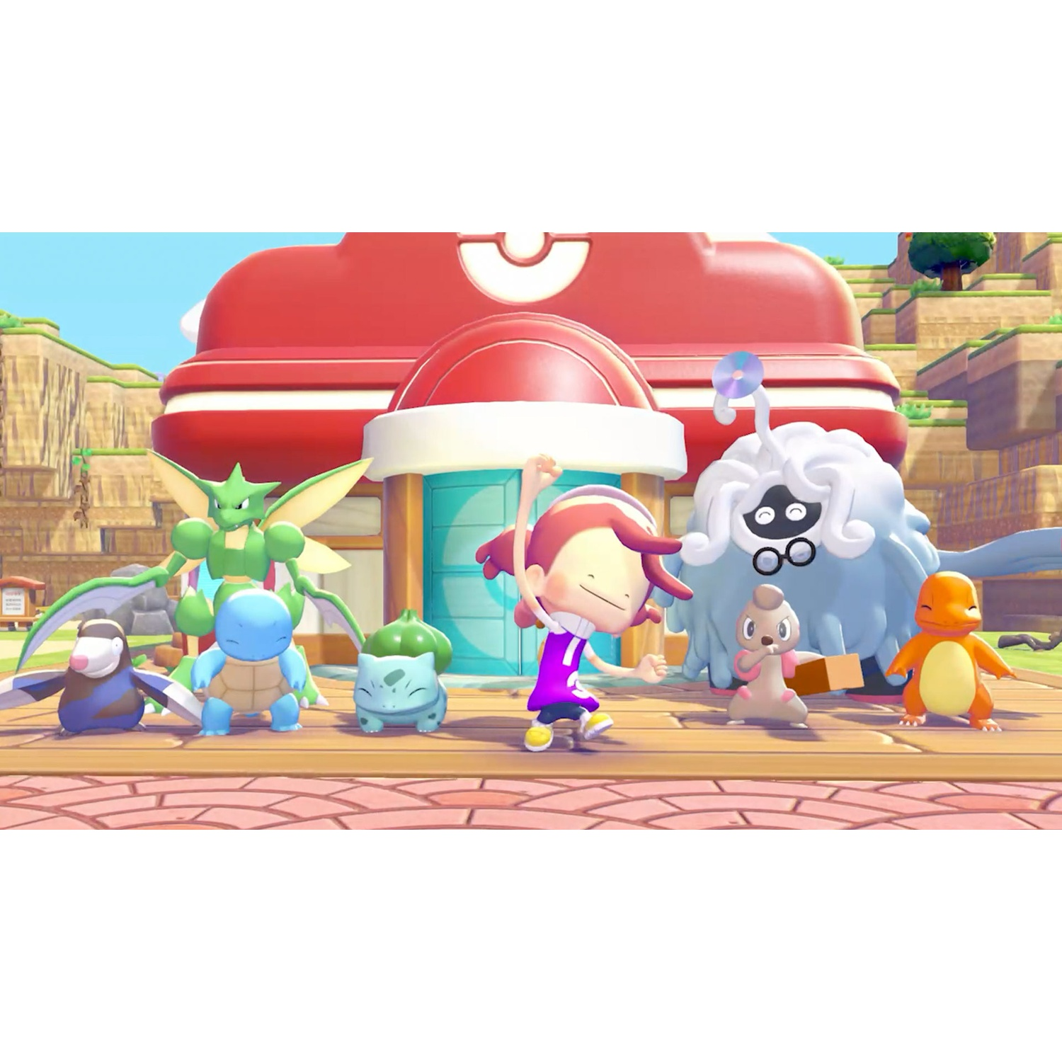 A girl and Pokémon stand before a red building. Scyther, Squirtle, Bulbasaur, and others.