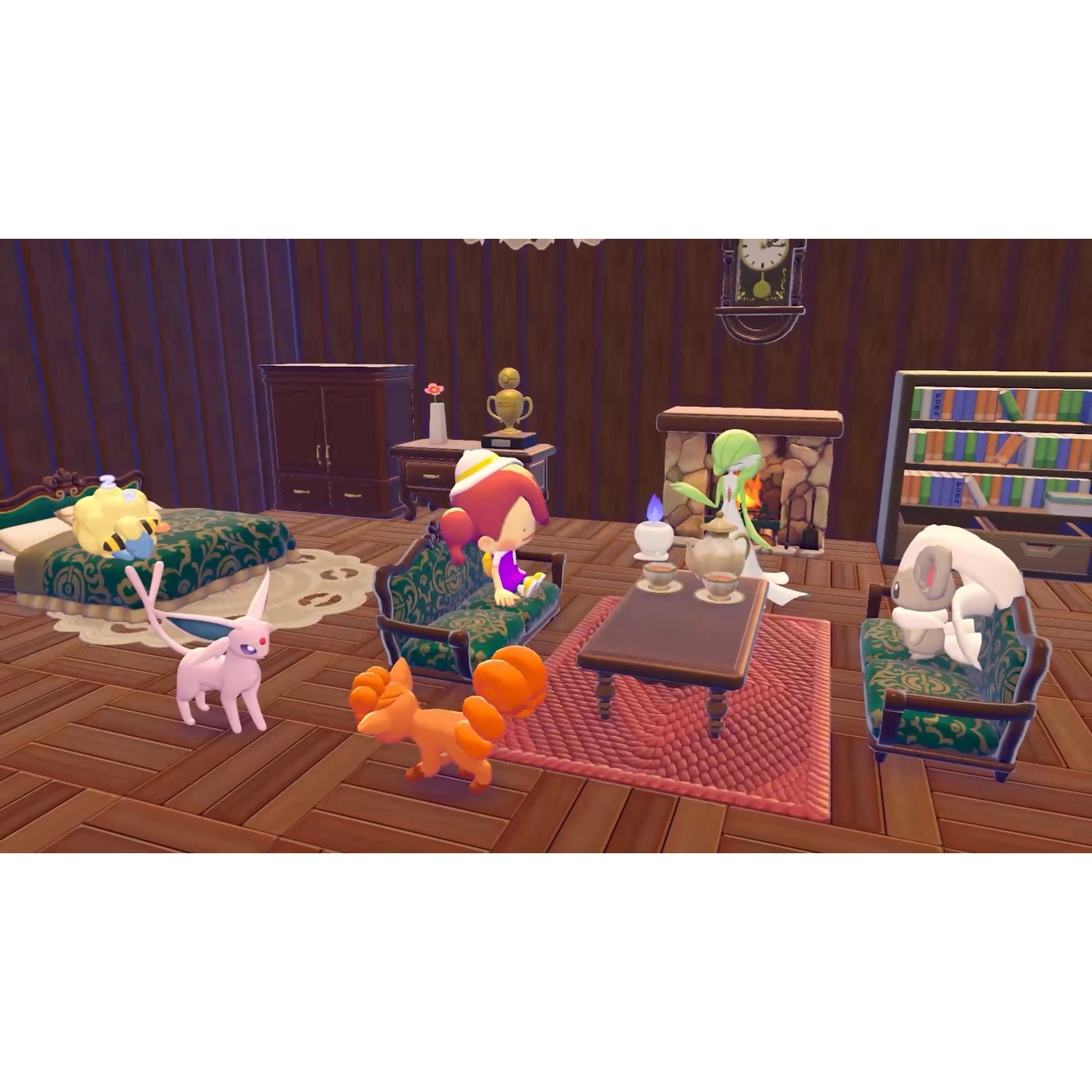 A cozy room with multiple Pokémon and one person.