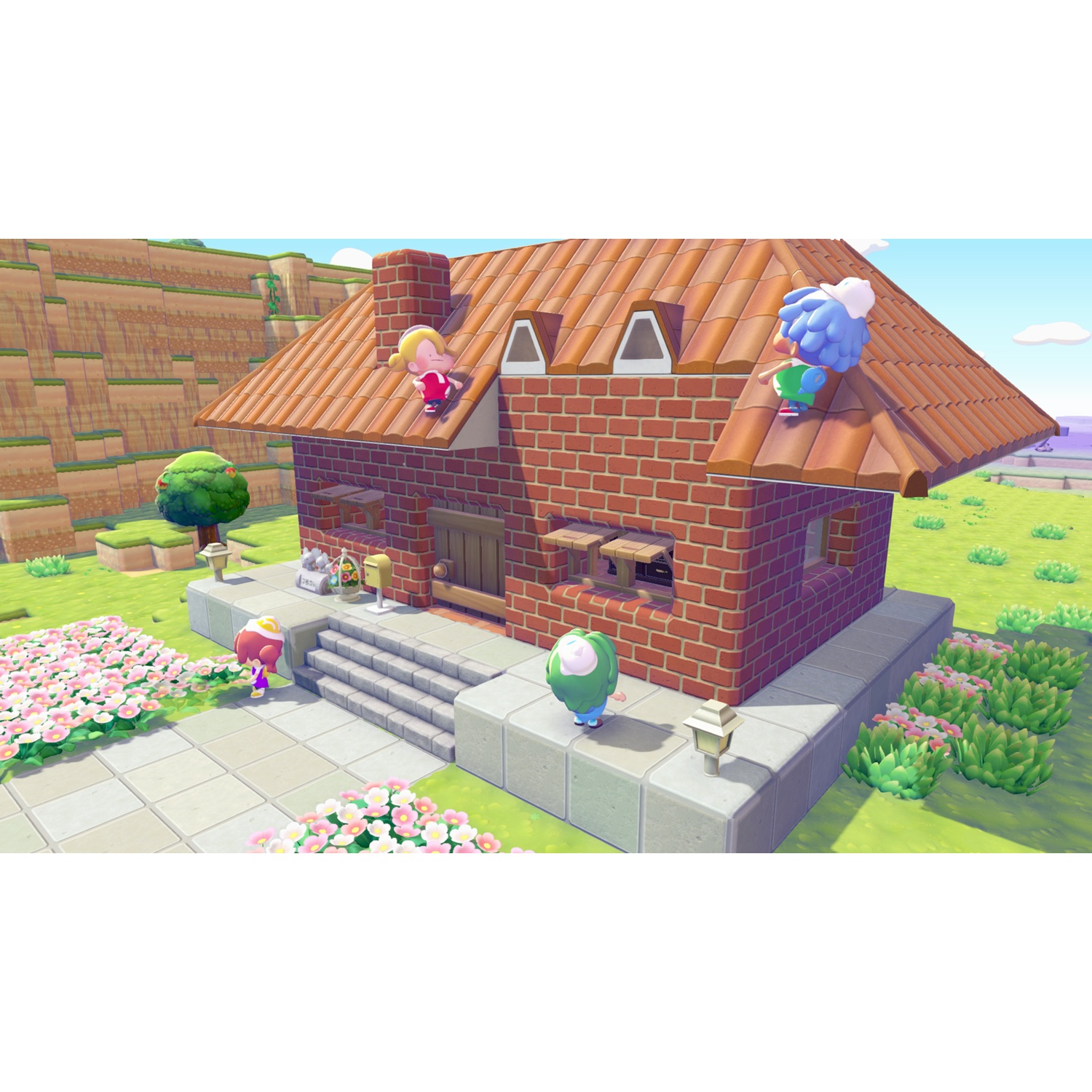 Cartoon characters on a brick house with a tiled roof, surrounded by flowers.