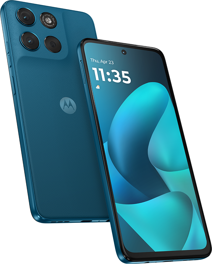 Két kék Motorola okostelefon, az egyik kamerákkal, a másik idővel.