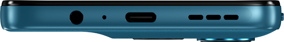 Kék okostelefon alsó éle USB-C, jack csatlakozóval és hangszóróráccsal.