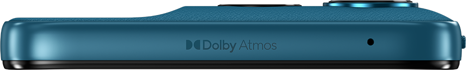 Kék telefon oldalsó nézet Dolby Atmos logóval és kis kerek mikrofonnyílással.