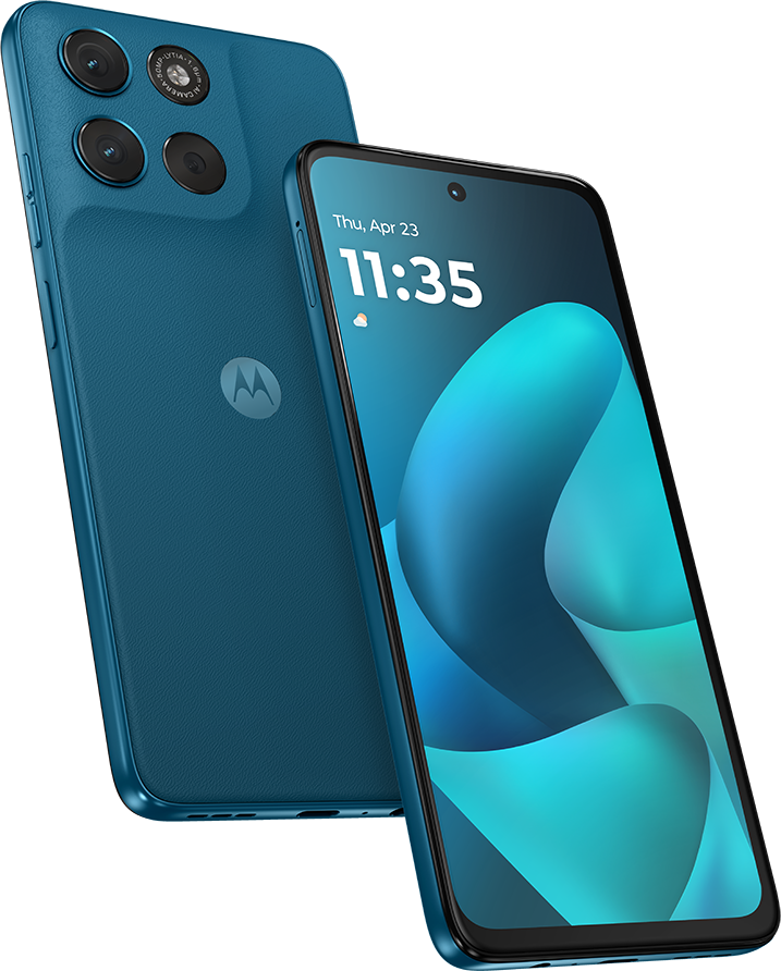 Két kék Motorola okostelefon egymás mellett. Az egyik hátulról, a másik elölről látható.