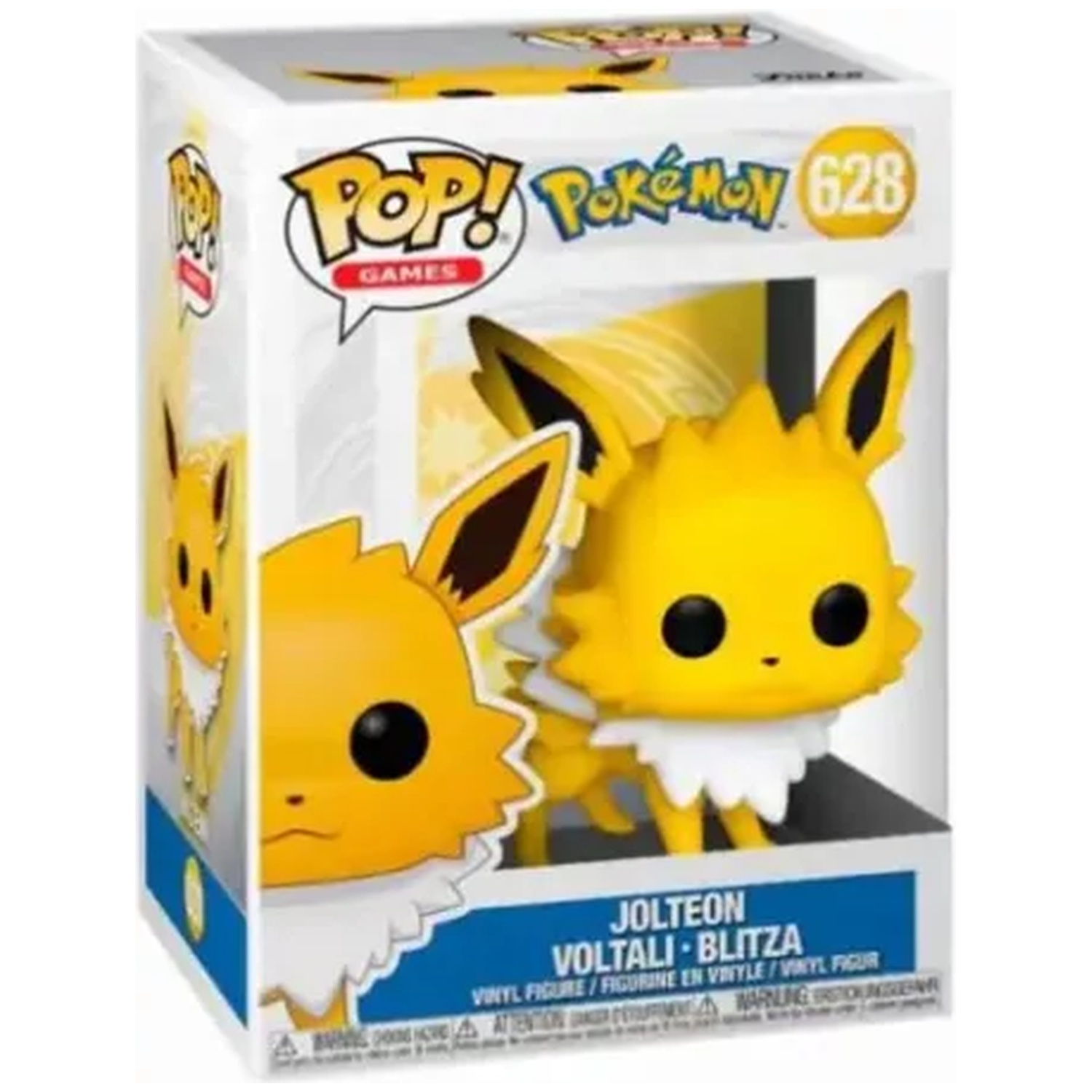 A yellow Funko Pop! vinyl Jolteon with a white collar on its box.