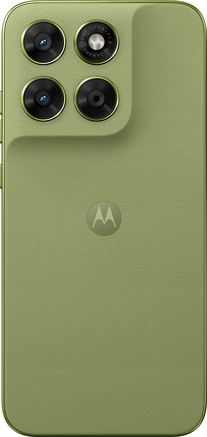 Egy zsályazöld okostelefon hátoldala négy kamerával és Motorola logóval.