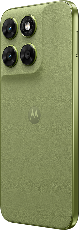 Egy zsályazöld okostelefon hátulja négy kamerával és Motorola logóval.