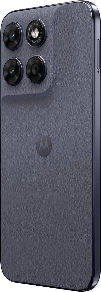 Sötétkék Motorola okostelefon hátulja négy kamerával és Moto logóval.
