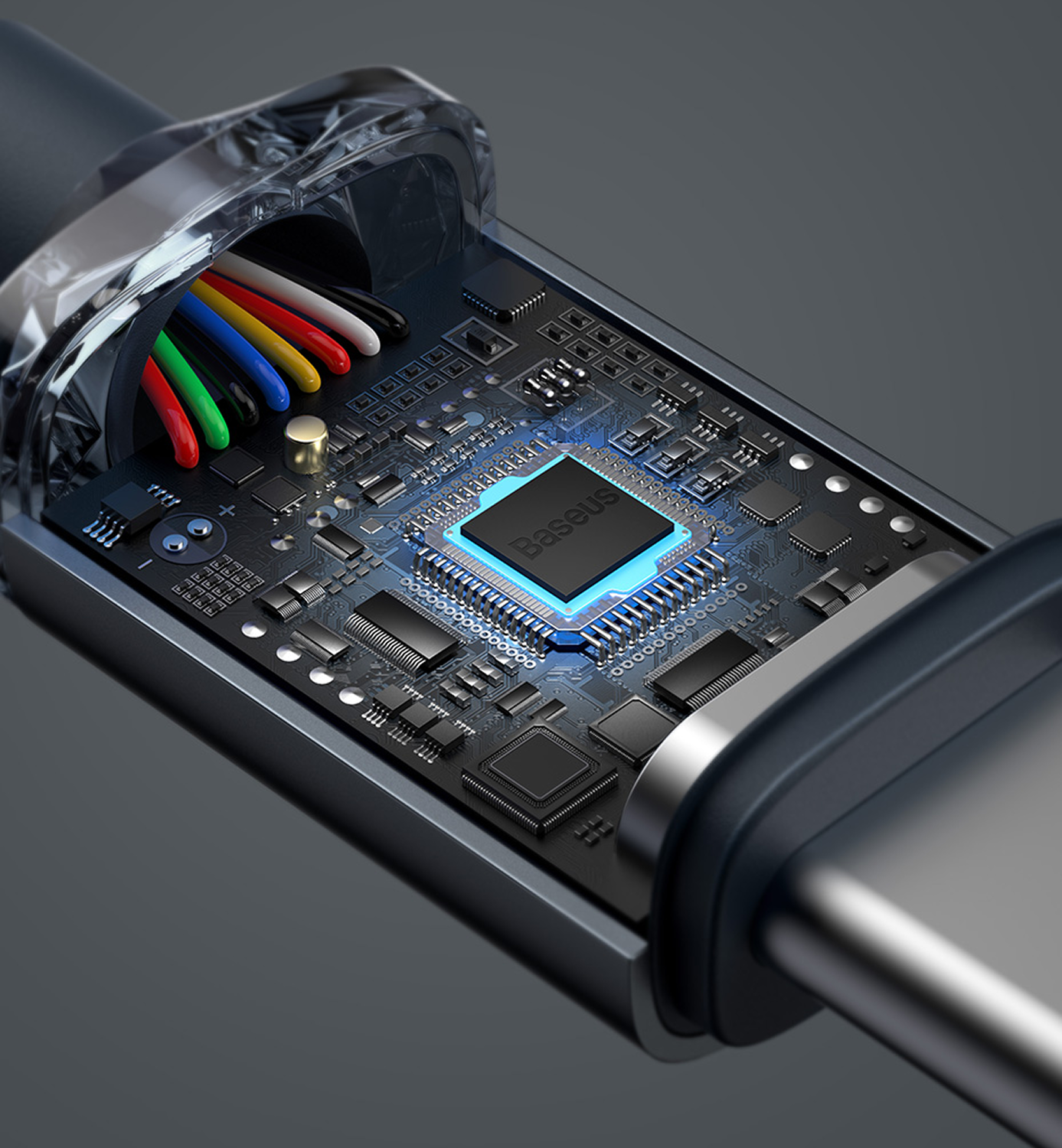 Vista de corte de un cable USB-C que muestra cables de colores y una placa de circuito con chip azul.