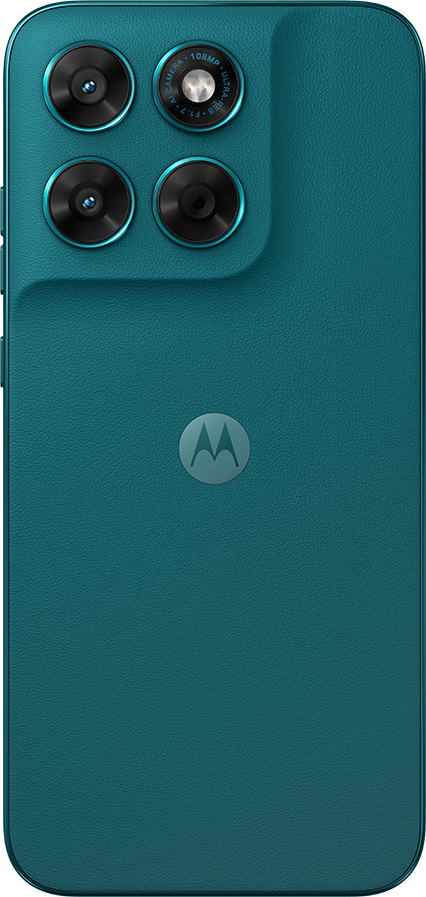 Türkiz okostelefon hátlapja négy kamerával és Motorola logóval.