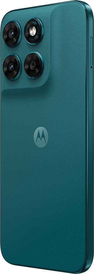 Egy kékeszöld Motorola okostelefon hátulnézete, négy kamerával és Motorola logóval.