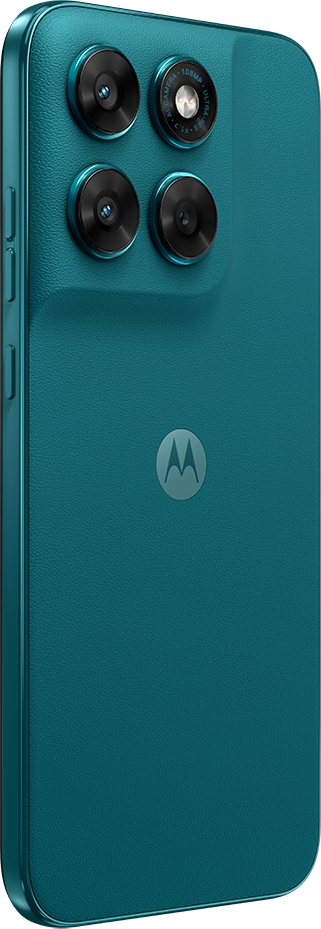 Türkiz okostelefon hátulnézetből, négy kamerával és Motorola logóval.