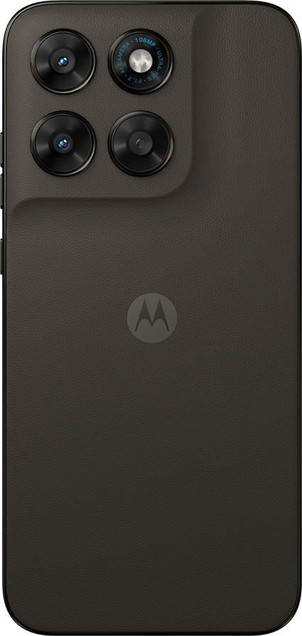 Sötét Motorola okostelefon hátoldala négy kamerával és logóval.