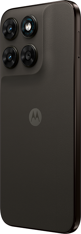 Sötét Motorola okostelefon hátoldala, négy kamerával és Motorola logóval.