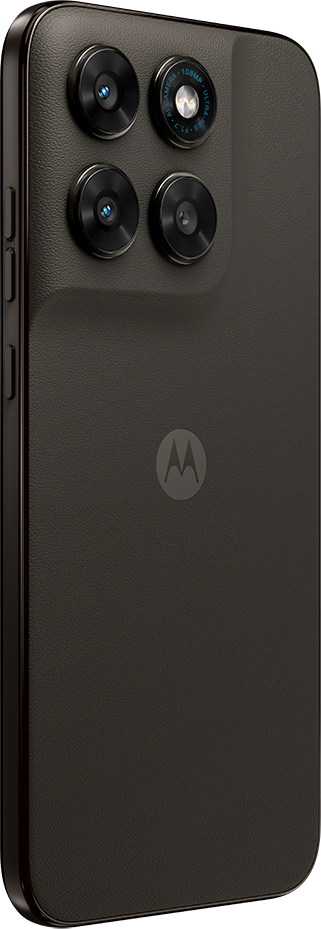 Sötét Motorola okostelefon hátoldala négy kamerával és logóval.
