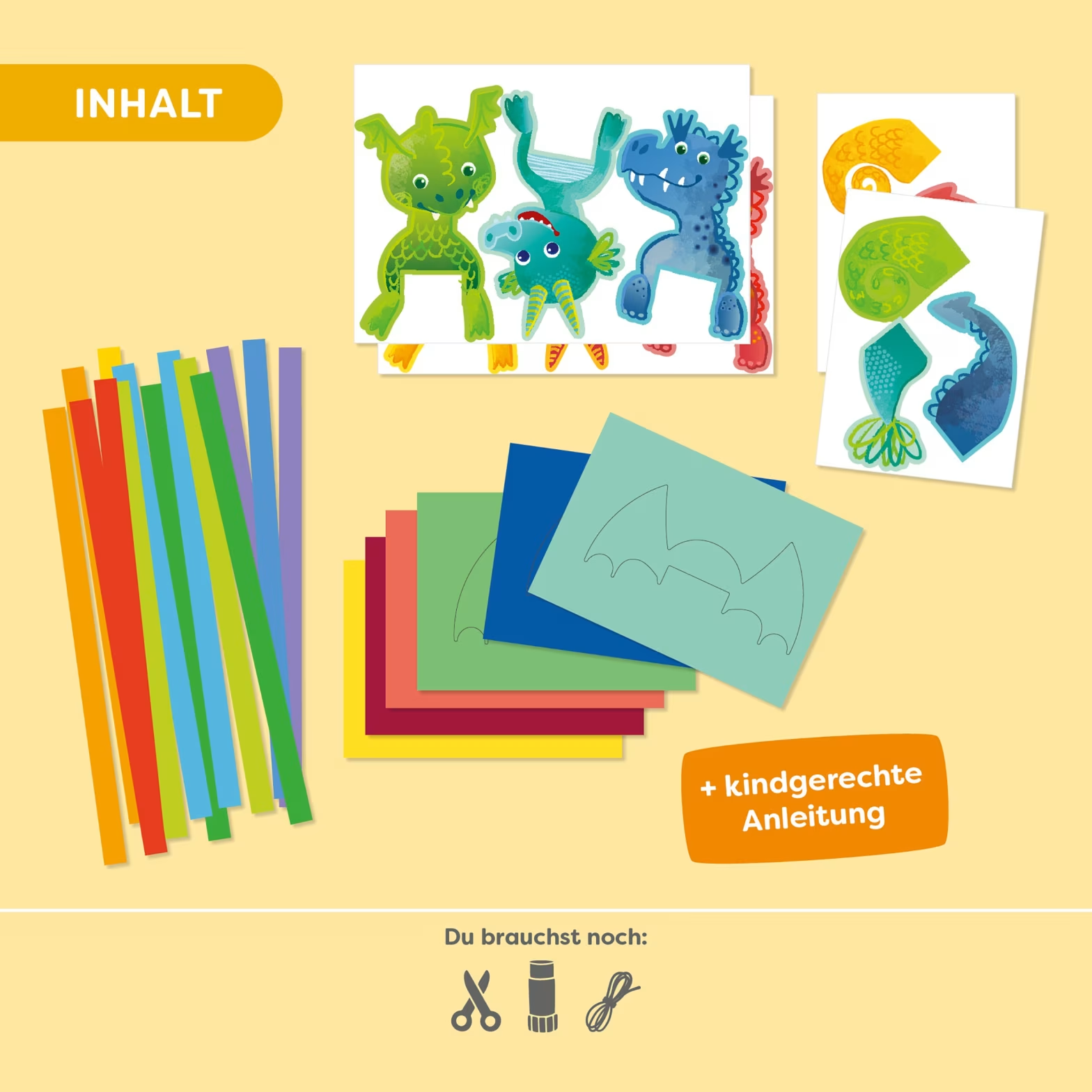 Kézműves készlet színes sárkányfigurákkal, papírcsíkokkal, színes papírral és útmutatóval.