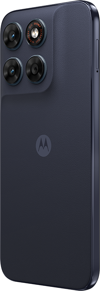 Sötétkék okostelefon négy kamerával és Motorola logóval.