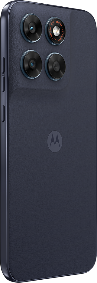 Sötétkék okostelefon hátoldala négy kamerával és Motorola logóval.