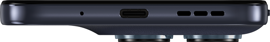 Sötét okostelefon alsó nézete USB-C porttal, mikrofonnal és hangszórórácsokkal.