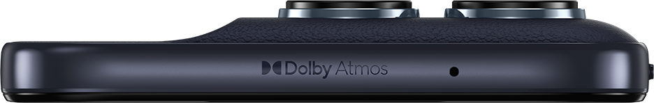 Sötét telefon közelképe, Dolby Atmos logóval és hangszóróráccsal.
