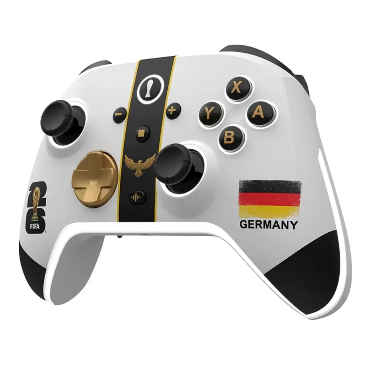 Ein weißer Controller mit deutschen Flaggenfarben und einem Adler-Symbol.