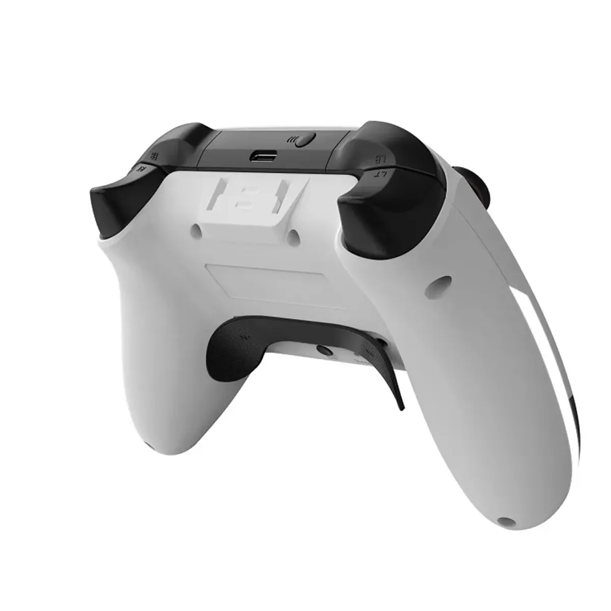Ein weißer und schwarzer Gaming-Controller mit USB-C-Anschluss und Tasten.