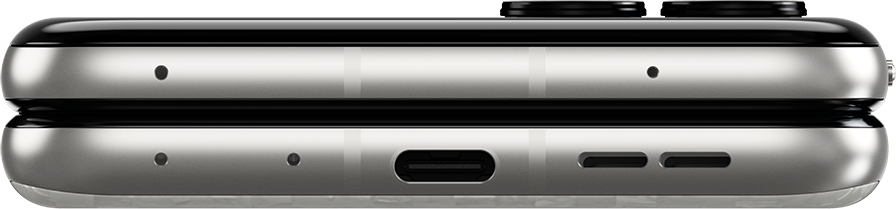 Okostelefon felülnézetben, USB-C porttal, mikrofonokkal és hangszórókkal.