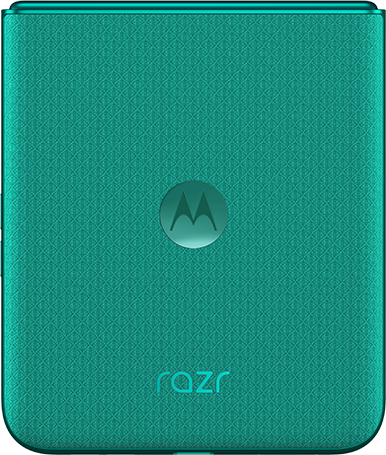 Türkiz Motorola Razr telefon mintás hátlappal és logóval.