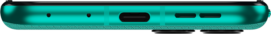 Egy türkiz okostelefon alsó része, USB-C porttal és hangszóróráccsal.