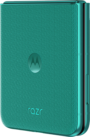 Egy smaragdzöld Motorola Razr kagylótelefon M logóval és mintával.