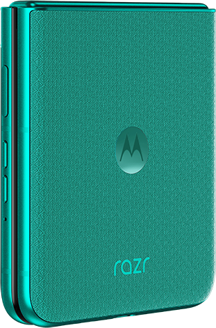 Zárt, türkiz Motorola Razr okostelefon Motorola logóval.