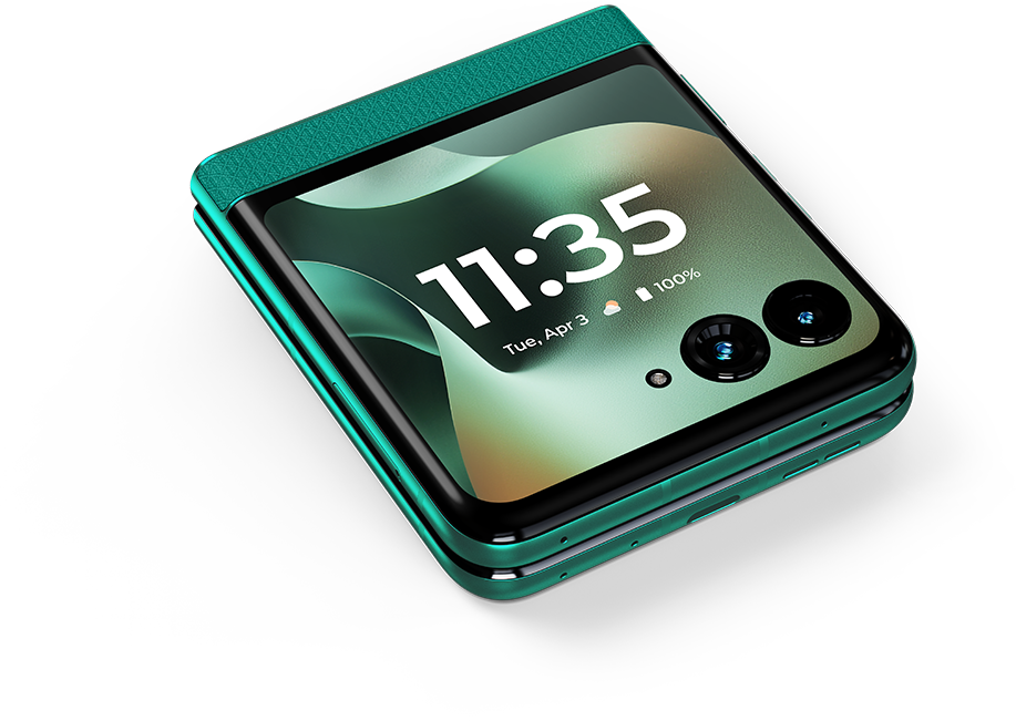 Zárt smaragdzöld flip telefon kamerákkal és 11:35-ös idővel.