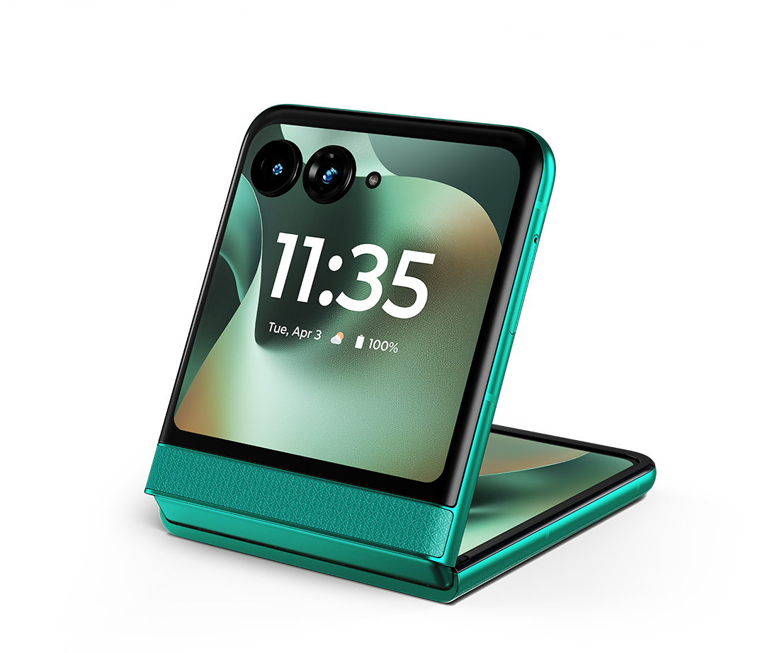 Türkiz színű, felnyitható telefon két kamerával és 11:35-ös idő kijelzéssel.
