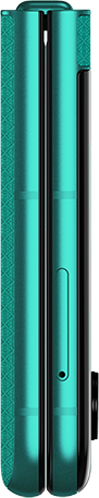 Türkiz színű telefon részletes képe, fekete csíkkal és textúrával.