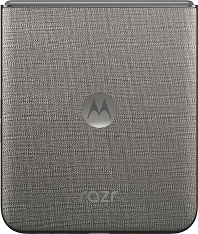 Szürke Motorola Razr kagylótelefon anyag textúrával és logóval.