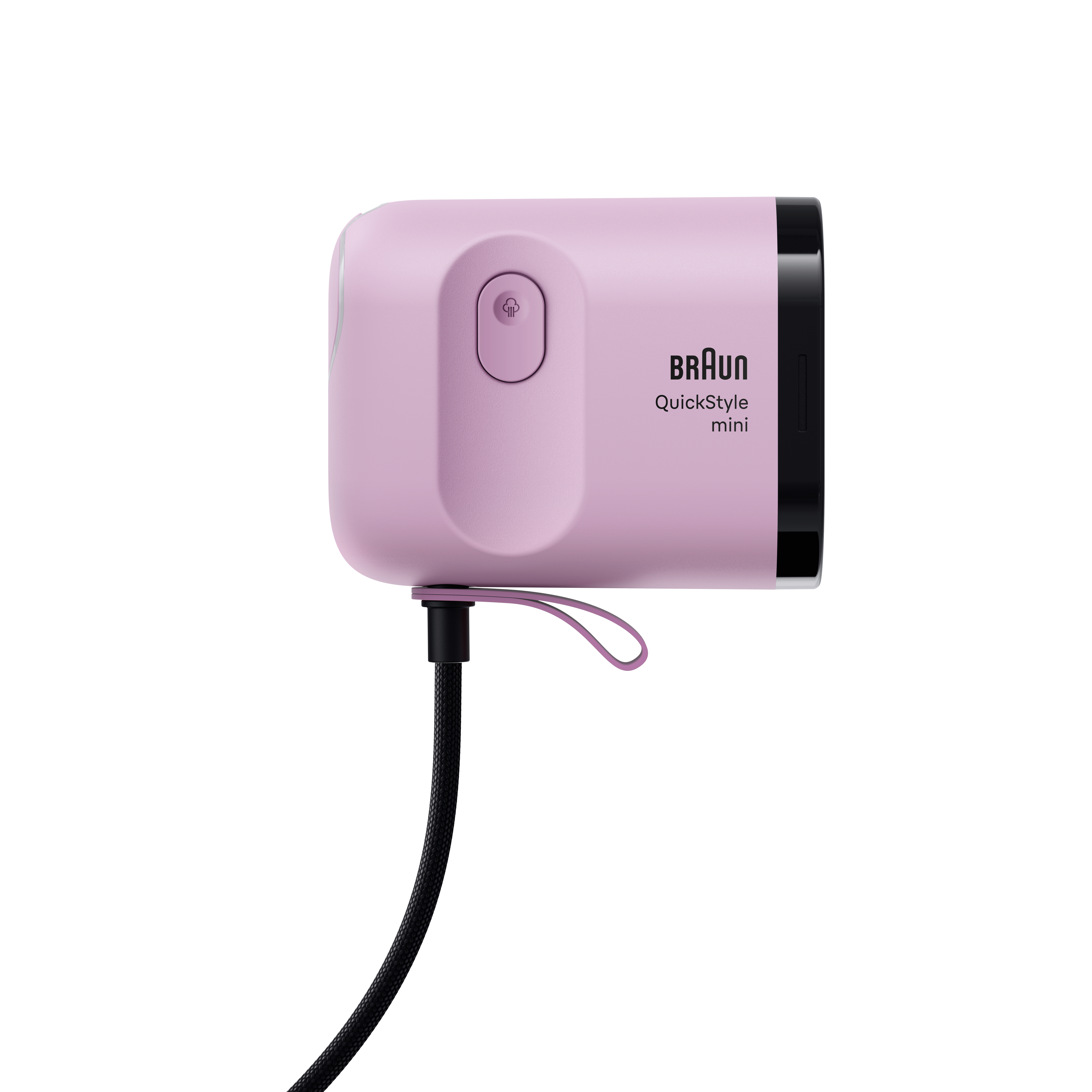 Egy rózsaszín Braun QuickStyle Mini fekete zsinórral, fehér háttéren.